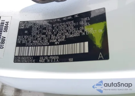 2009 Toyota Sienna Le z USA, uszkodzony, nr VIN 5TDZK23C29S256654